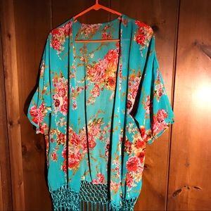 Bright Floral Kimono Shirt With Fringe